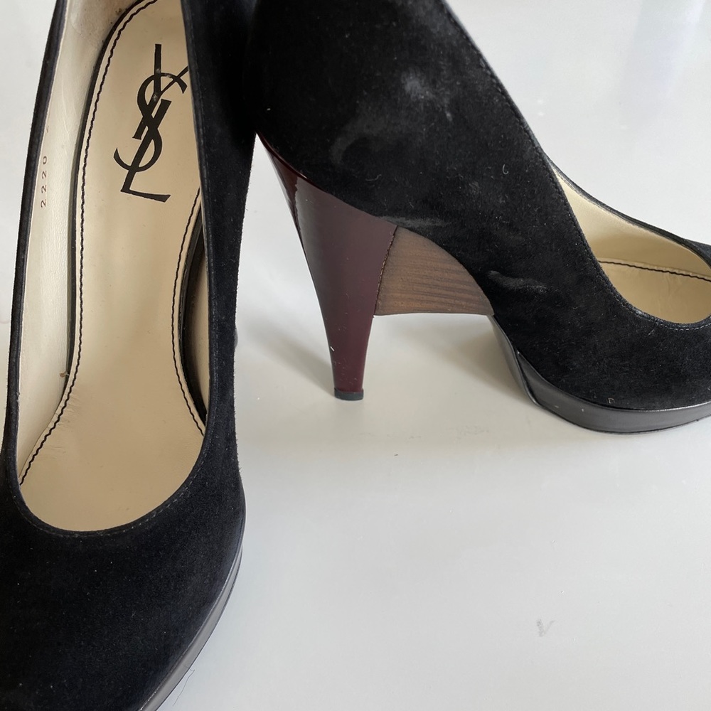 YSL Suede Almond Toe pump with purple heel